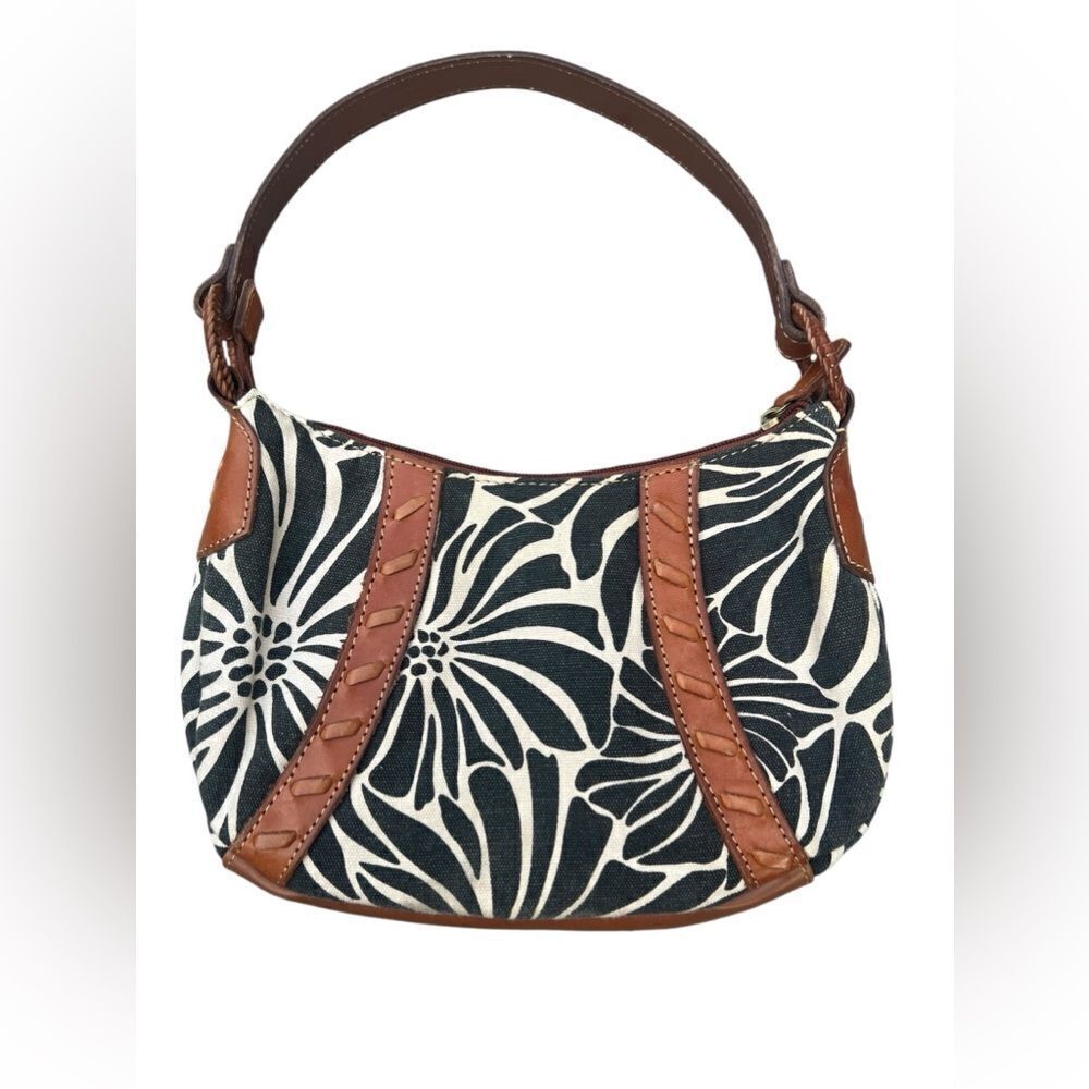 FOSSIL Black Cream Print Linen Canvas Leather Strap Hobo Shoulder Bag